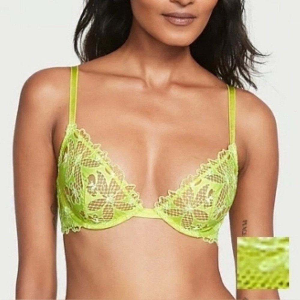 VICTORIA'S SECRET Ziggy Glam Lace Floral Embroidery Unlined Demi Bra Size 38DD